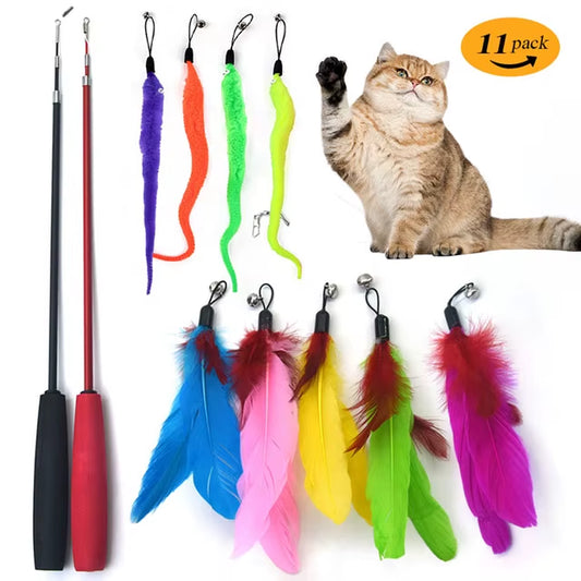 Funny Cat Interactive Toys Feather Teaser Stick Retractable Three Section Fishing Rod Colorful Plush with Bells Pet Supplies
